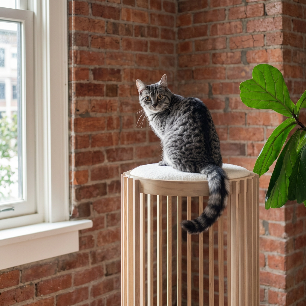 Plush Paws Co. Modern Slatted Wood Cat Tower – 2-Tier Pet Condo & Perch with Cushion