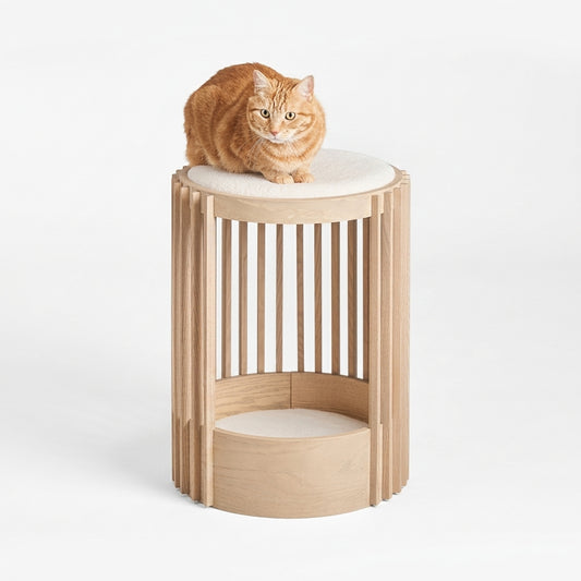 Plush Paws Co. Modern Slatted Wood Cat Tower – 2-Tier Pet Condo & Perch with Cushion