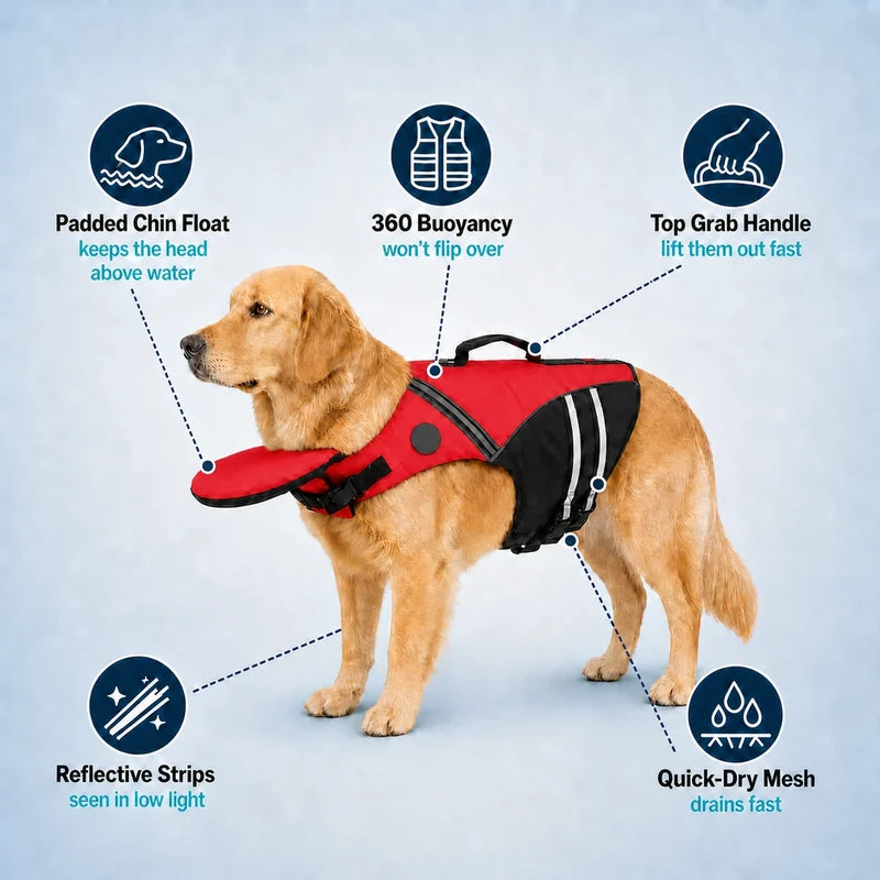 Plush Paws Co. Adjustable Dog Life Vest – Flotation Swimming Jacket with Chin Float for Boating & Pool Safety