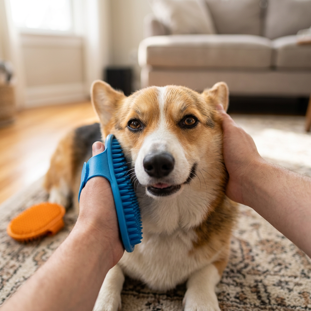 Plush Paws Co. Flexible Palm-Grip Pet Brush – Textured Silicone Massage & Fur Removal Scrubber