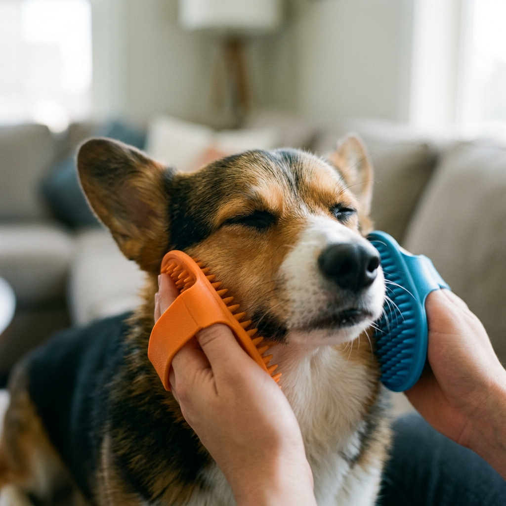 Plush Paws Co. Flexible Palm-Grip Pet Brush – Textured Silicone Massage & Fur Removal Scrubber