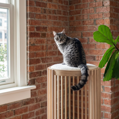 Plush Paws Co. Modern Slatted Wood Cat Tower – 2-Tier Pet Condo & Perch with Cushion