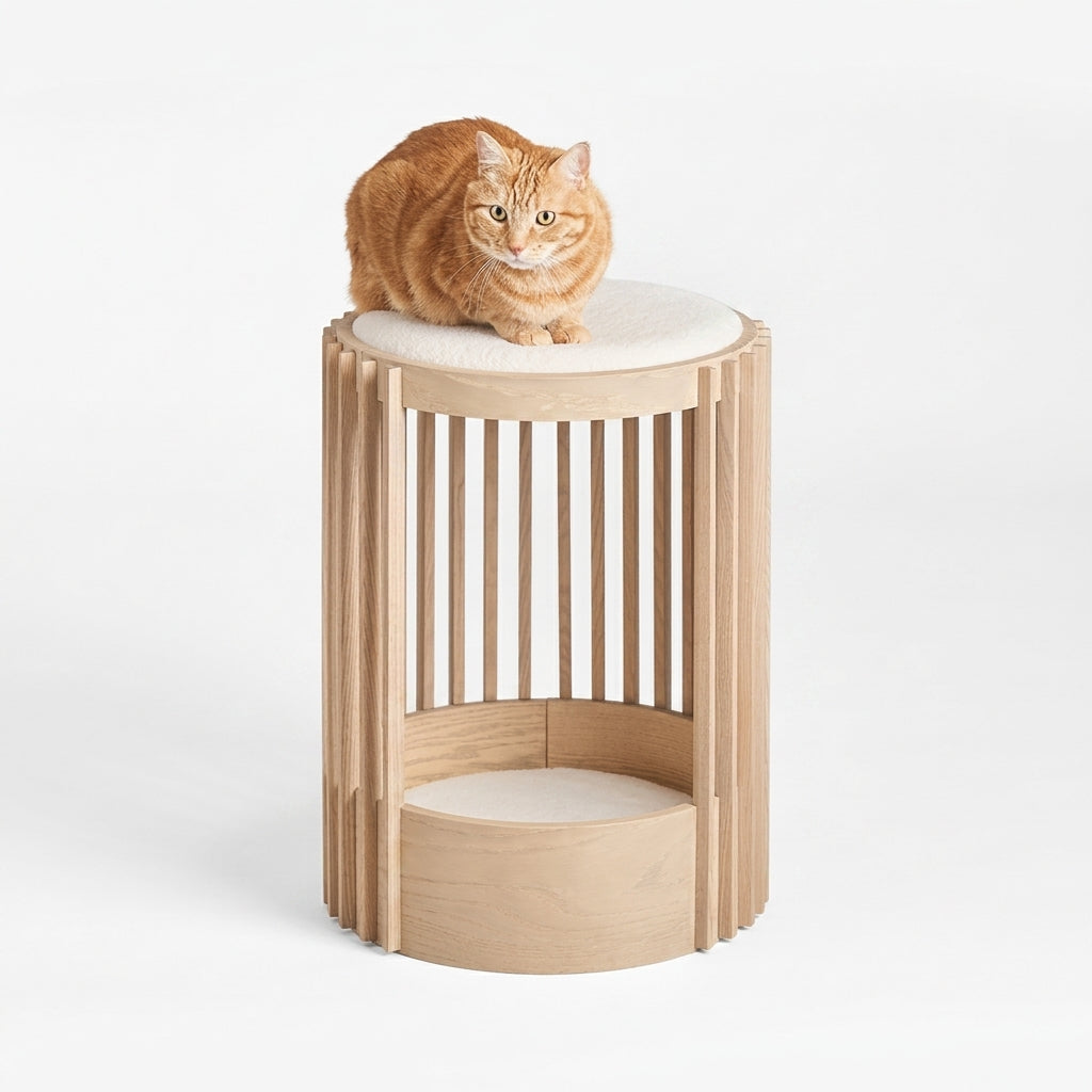Plush Paws Co. Modern Slatted Wood Cat Tower – 2-Tier Pet Condo & Perch with Cushion