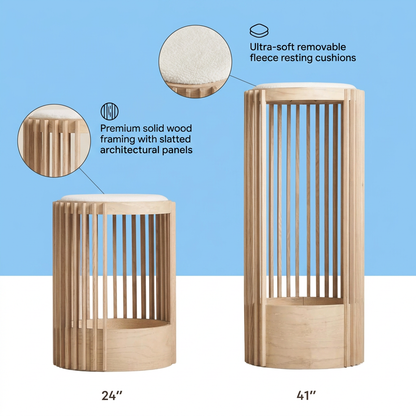 Plush Paws Co. Modern Slatted Wood Cat Tower – 2-Tier Pet Condo & Perch with Cushion