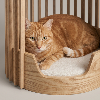 Plush Paws Co. Modern Slatted Wood Cat Tower – 2-Tier Pet Condo & Perch with Cushion