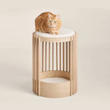 Plush Paws Co. Modern Slatted Wood Cat Tower – 2-Tier Pet Condo & Perch with Cushion