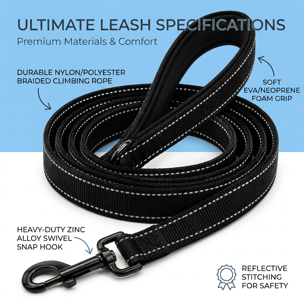 Plush Paws Co. Shock-Absorbing Reflective Dog Leash – Heavy-Duty Training Lead with Padded Handle