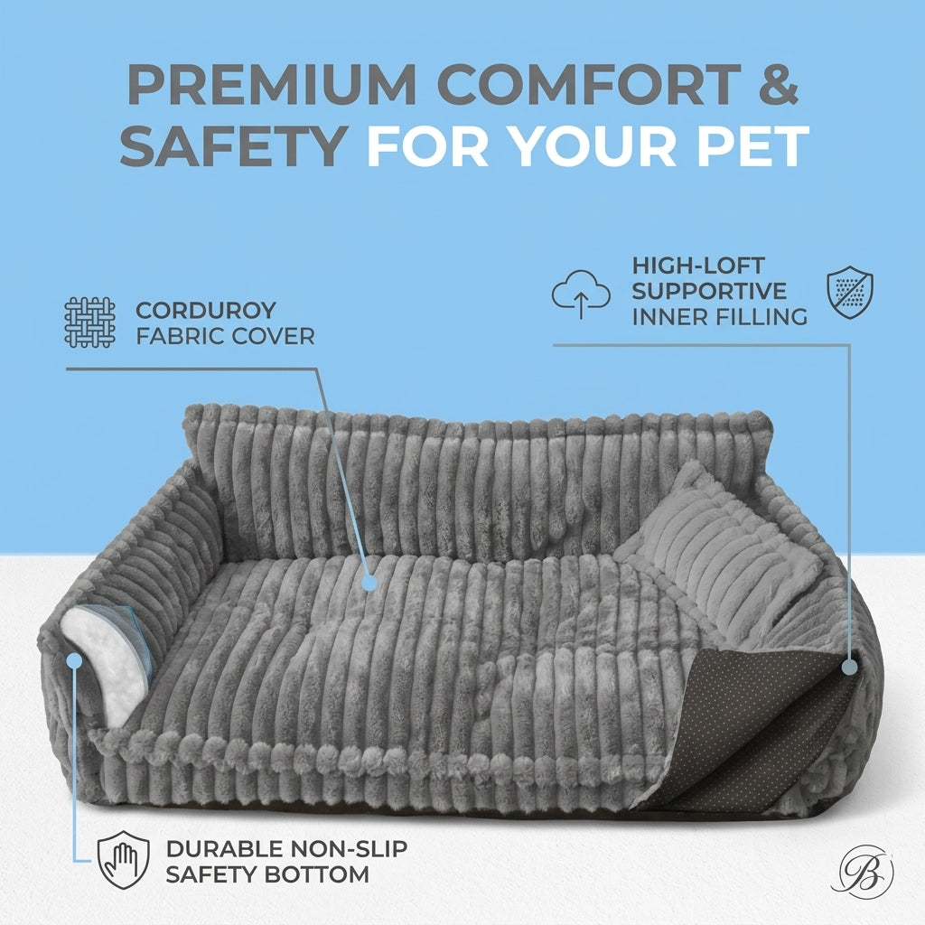 Plush Paws Co. Support Couch — Corduroy Bolstered Pet Sofa Style