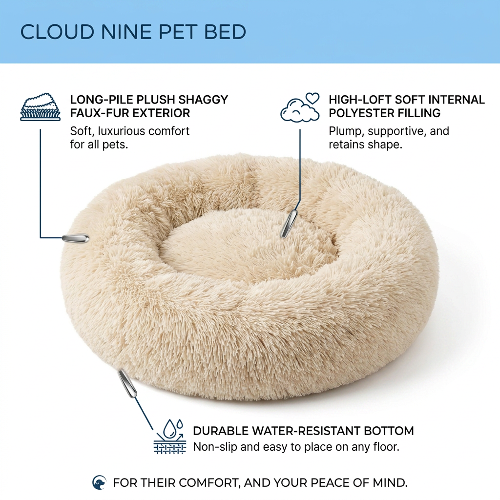 Plush Paws Co. Calm Rest Pet Bed — Fluffy Shaggy Dog Donut Design