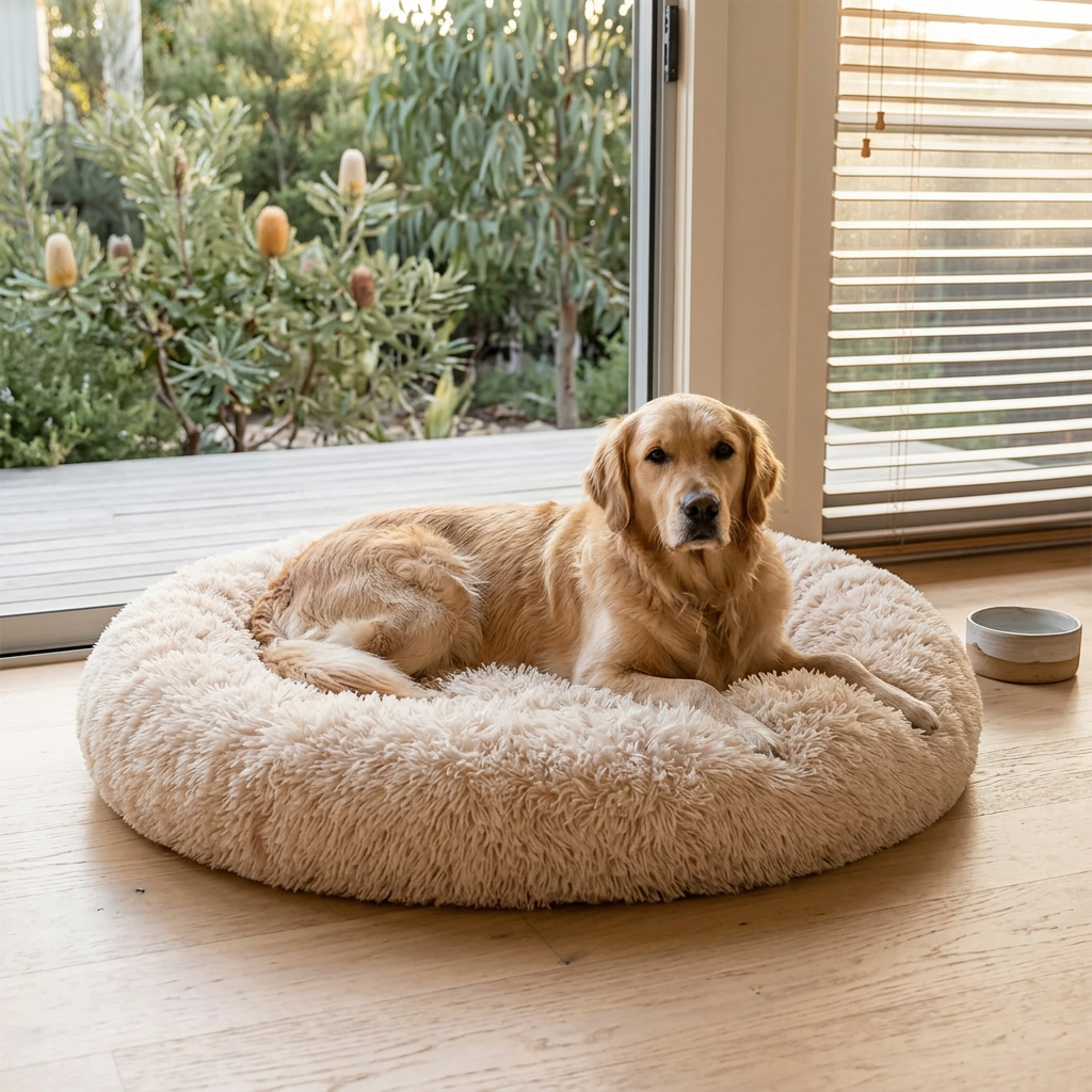 Plush Paws Co. Calm Rest Pet Bed — Fluffy Shaggy Dog Donut Design