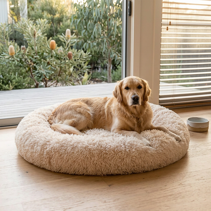 Plush Paws Co. Calm Rest Pet Bed — Fluffy Shaggy Dog Donut Design