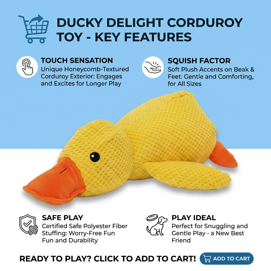 Plush Paws Co. Calming Duck Plush Dog Toy – Squeaky Corduroy Anxiety Relief Chew Toy