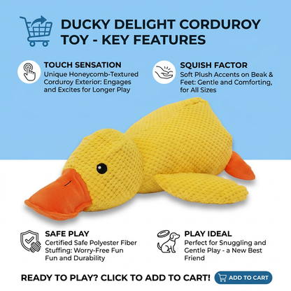 Plush Paws Co. Calming Duck Plush Dog Toy – Squeaky Corduroy Anxiety Relief Chew Toy