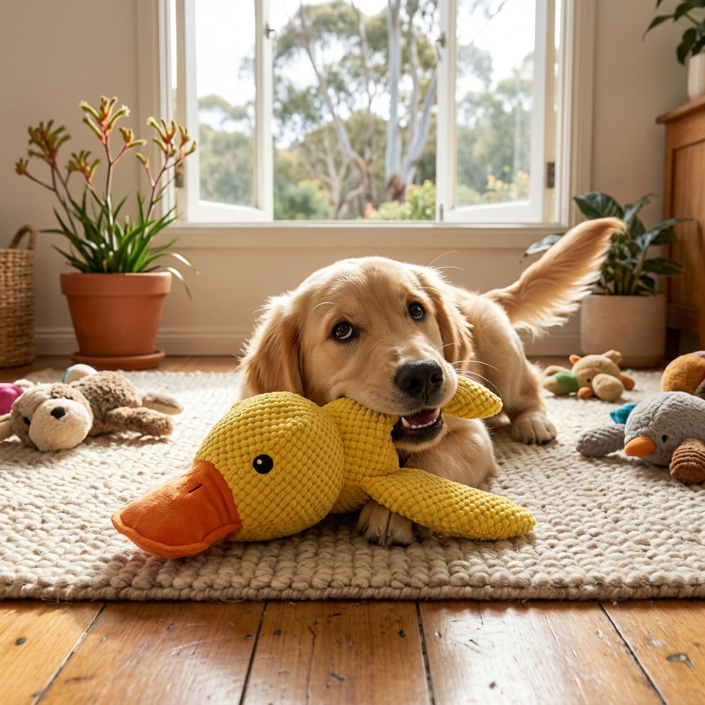 Plush Paws Co. Calming Duck Plush Dog Toy – Squeaky Corduroy Anxiety Relief Chew Toy