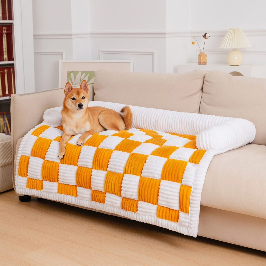 Plush Paws Co. Checkerboard Plush Dog Couch Bed – Supportive Bolster Pet Sofa Protector & Mat