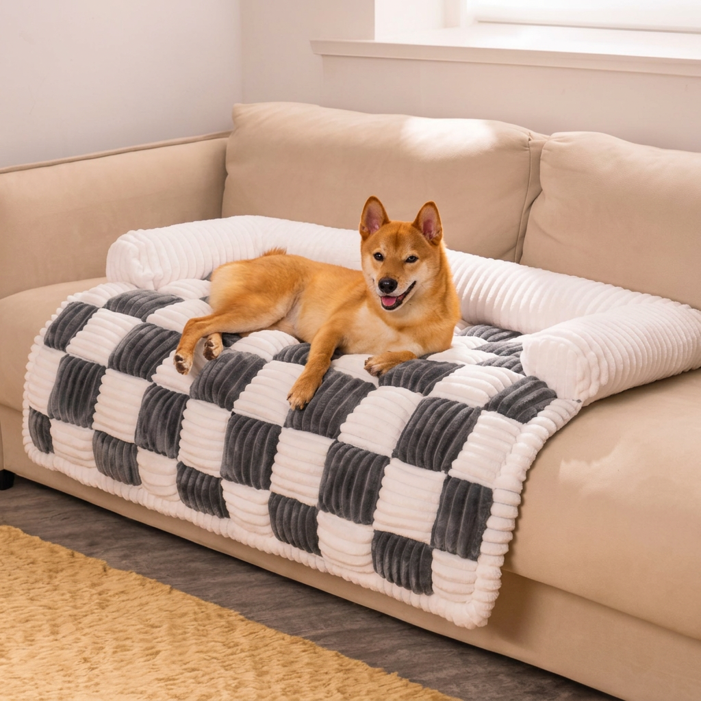 Plush Paws Co. Checkerboard Plush Dog Couch Bed – Supportive Bolster Pet Sofa Protector & Mat