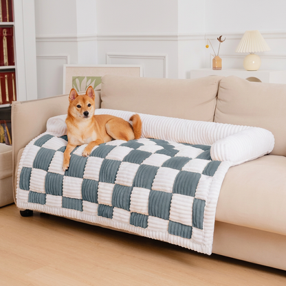 Plush Paws Co. Checkerboard Plush Dog Couch Bed – Supportive Bolster Pet Sofa Protector & Mat