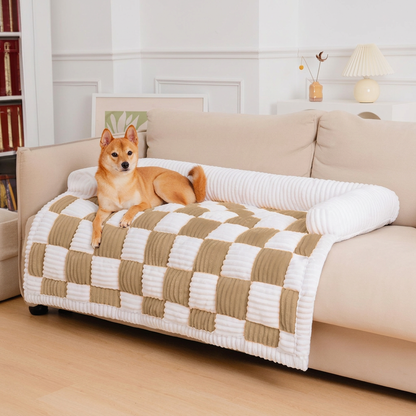 Plush Paws Co. Checkerboard Plush Dog Couch Bed – Supportive Bolster Pet Sofa Protector & Mat