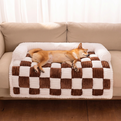 Plush Paws Co. Checkerboard Plush Dog Couch Bed – Supportive Bolster Pet Sofa Protector & Mat