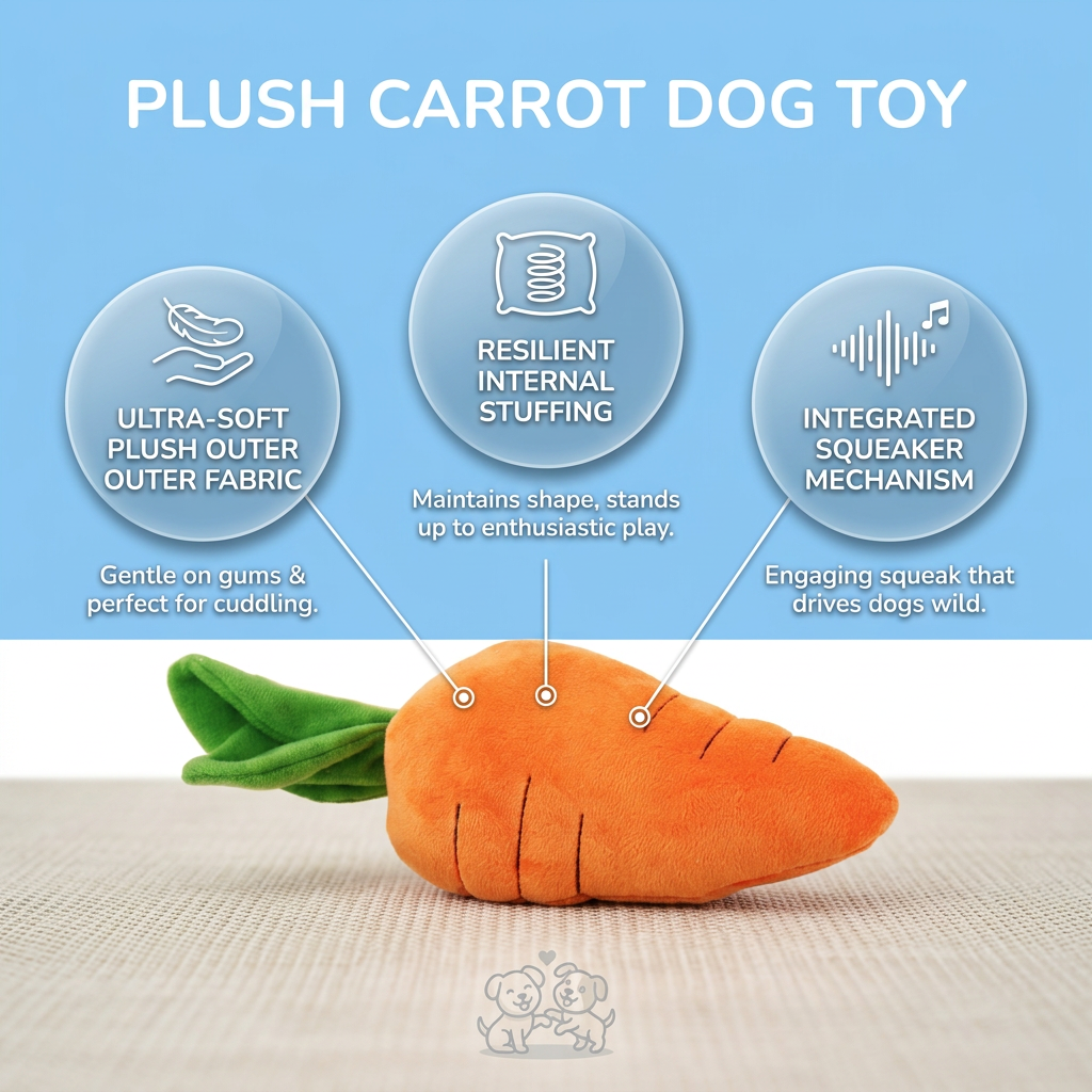 Plush Paws Co. Engaging Playtime Entertainment — Squeaky Plush Carrot Dog Toy Design