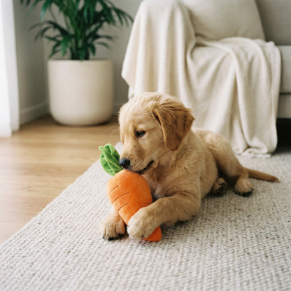 Plush Paws Co. Engaging Playtime Entertainment — Squeaky Plush Carrot Dog Toy Design
