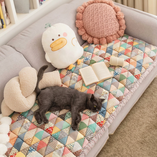 Plush Paws Co. Floral Patchwork Dog Couch Cover – Padded Cotton Pet Furniture Mat with Ruffle Trim
