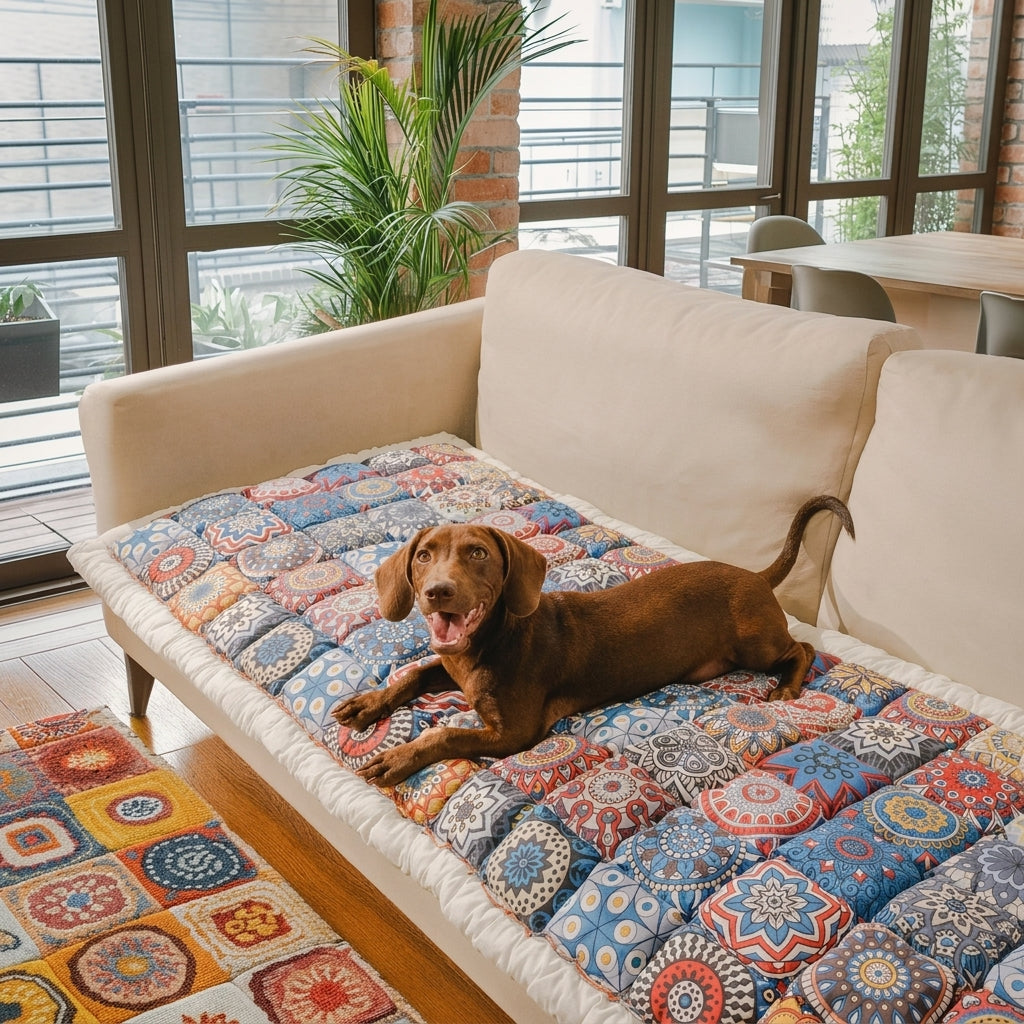 Plush Paws Co. Floral Patchwork Dog Couch Cover – Padded Cotton Pet Furniture Mat with Ruffle Trim