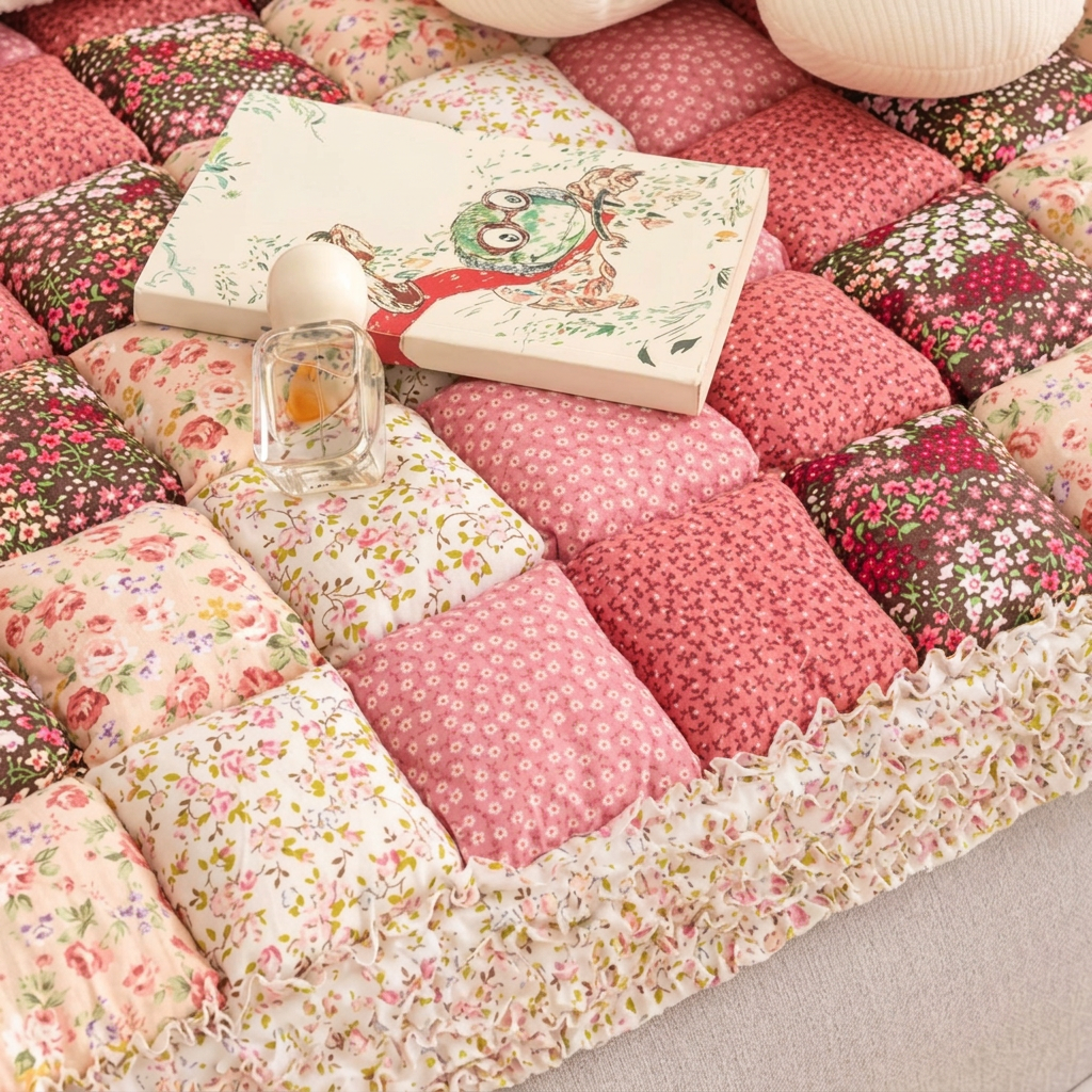 Plush Paws Co. Floral Patchwork Dog Couch Cover – Padded Cotton Pet Furniture Mat with Ruffle Trim