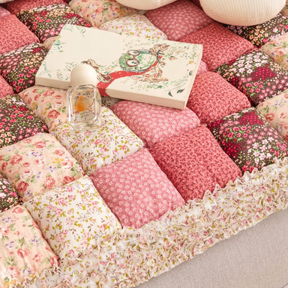 Plush Paws Co. Floral Patchwork Dog Couch Cover – Padded Cotton Pet Furniture Mat with Ruffle Trim