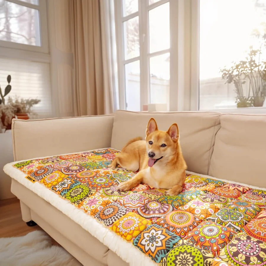 Plush Paws Co. Floral Patchwork Dog Couch Cover – Padded Cotton Pet Furniture Mat with Ruffle Trim