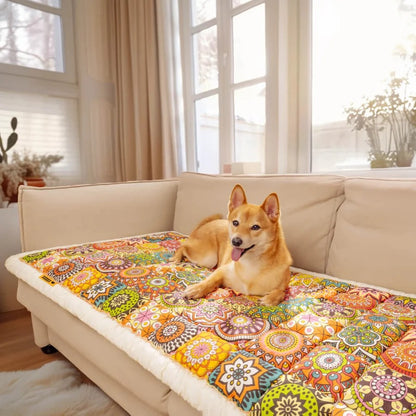 Plush Paws Co. Floral Patchwork Dog Couch Cover – Padded Cotton Pet Furniture Mat with Ruffle Trim