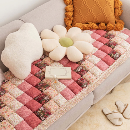 Plush Paws Co. Floral Patchwork Dog Couch Cover – Padded Cotton Pet Furniture Mat with Ruffle Trim