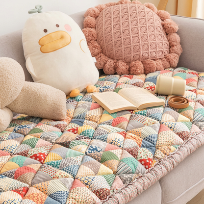 Plush Paws Co. Floral Patchwork Dog Couch Cover – Padded Cotton Pet Furniture Mat with Ruffle Trim