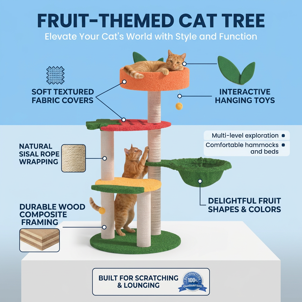 Plush Paws Co. Fruity Garden Cat Climbing Tree – Multi-Level Tower with Watermelon & Orange Perches