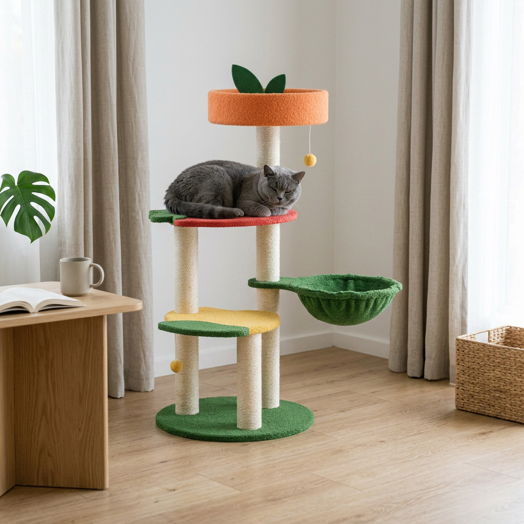 Plush Paws Co. Fruity Garden Cat Climbing Tree – Multi-Level Tower with Watermelon & Orange Perches