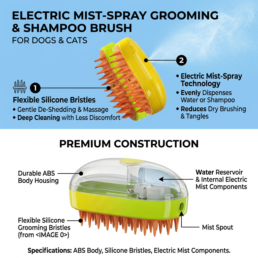 Plush Paws Co. Gentle Coat Care — Electric Mist Grooming Pet Brush Design