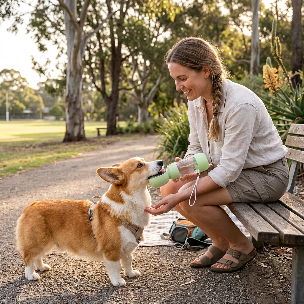 Plush Paws Co. Hydration & Snack On-The-Go — 2-in-1 Portable Outdoor Dog Water Bottle Design