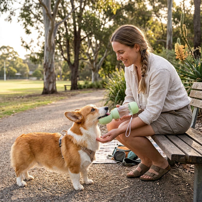Plush Paws Co. Hydration & Snack On-The-Go — 2-in-1 Portable Outdoor Dog Water Bottle Design