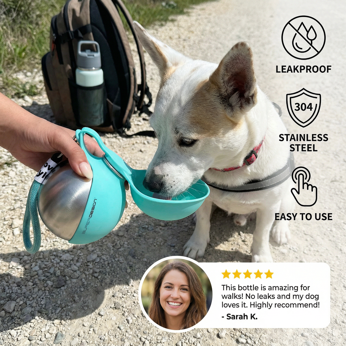 Elara Haus Dog Water Bottle - Leakproof Stainless Steel Pet Dog Water Bottle with Silicone Bowl 1