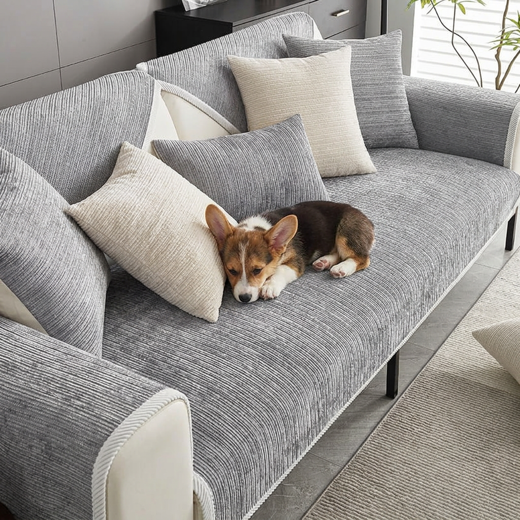 Plush Paws Co. Ribbed Chenille Dog Couch Protector – Waterproof Non-Slip Modular Sofa Mat