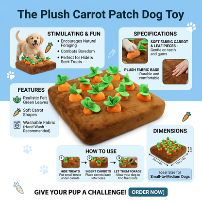 Plush Paws Co. Slow Down & Sniff — Interactive Carrot Garden Nosework Toy