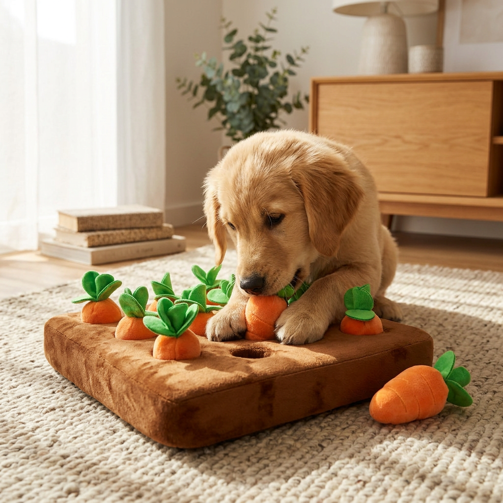 Plush Paws Co. Slow Down & Sniff — Interactive Carrot Garden Nosework Toy