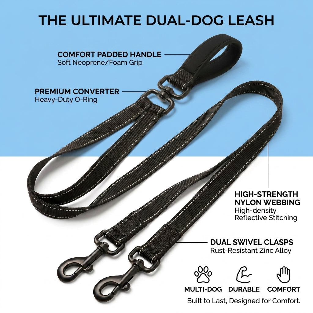 Plush Paws Co. Tangle-Free Multi-Dog Leash — Dual-Ended Swivel Design