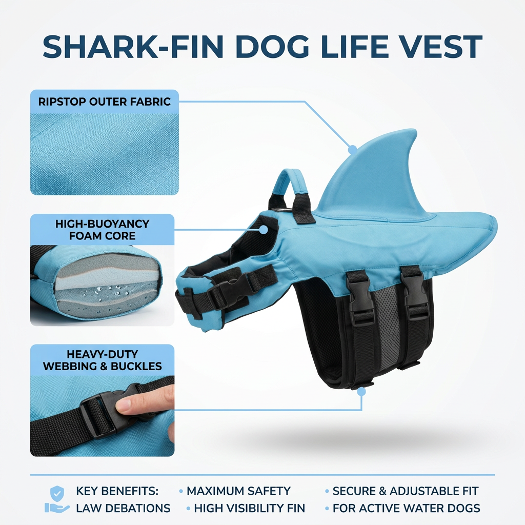 Plush Paws Co. Water Safety Buoyancy Aid — Fun Shark Style Dog Life Jacket